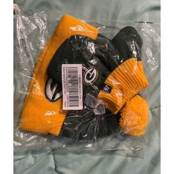 Green Bay Packers Toddler Knit Hat & Mittens Set ’47 Brand Bam Bam NEW - Picture 1 of 2